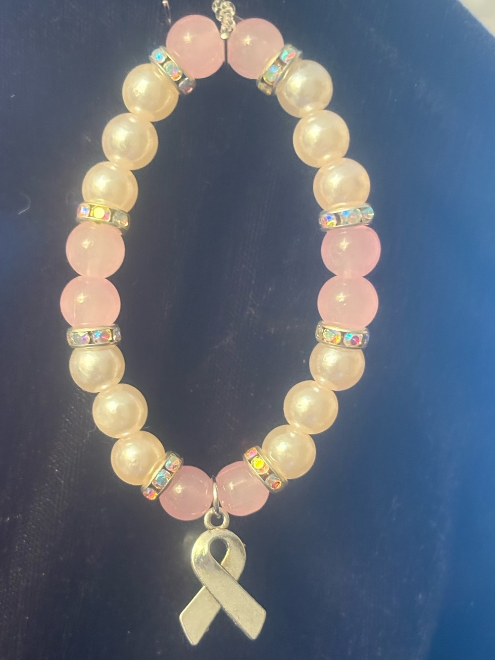 Pink Pearl Beaded Awareness Bracelet with Ribbon Charm